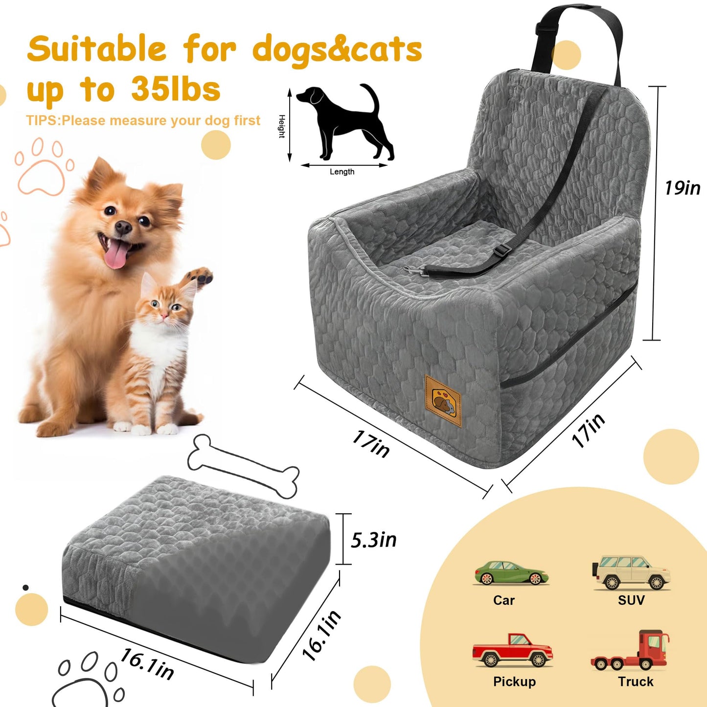Memory Foam Dog Car Seat with Washable Cover